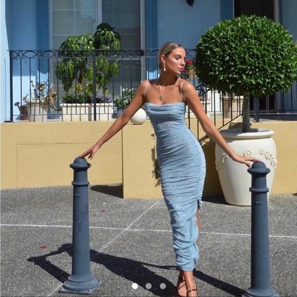 HOUSE OF CB Fornarina Baby Blue Sparkle Silvermist Fairy Glitter Ruched Dress - Picture 5 of 16